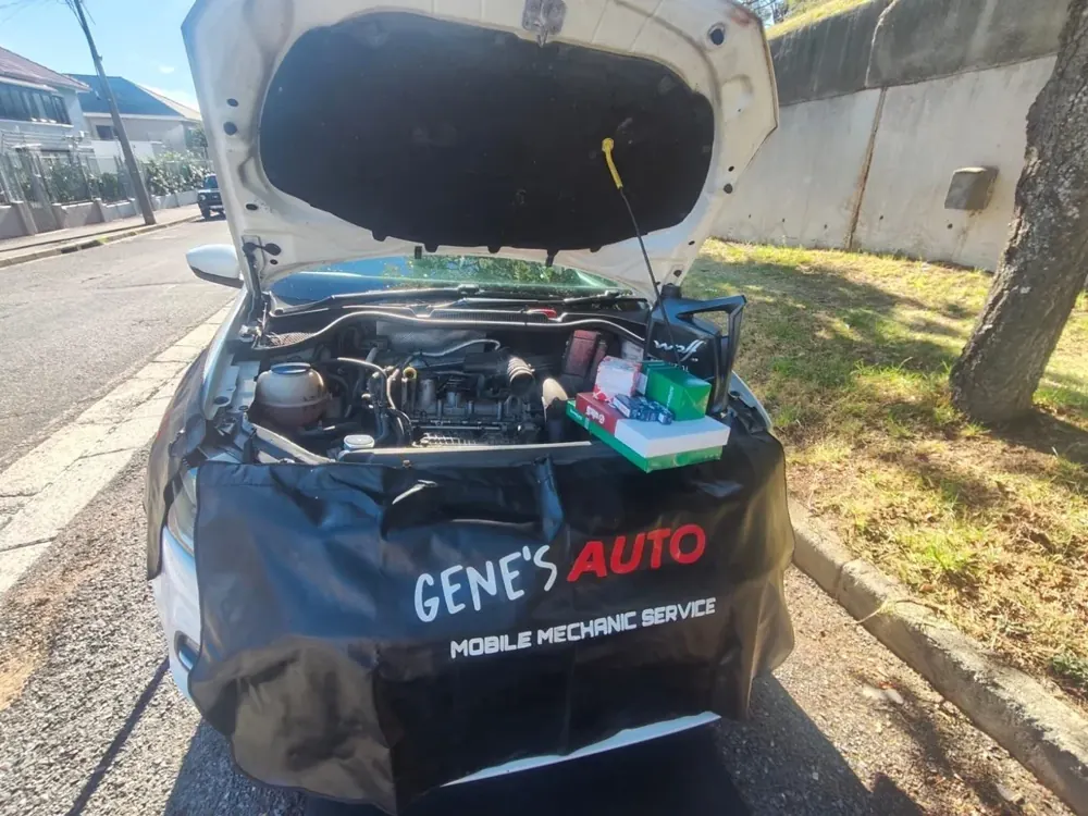 Gene's Auto fender covers on a car with the bonnet up